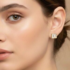 Gold Baguette Cut Stud Earrings Minimalist Modern Jewelry